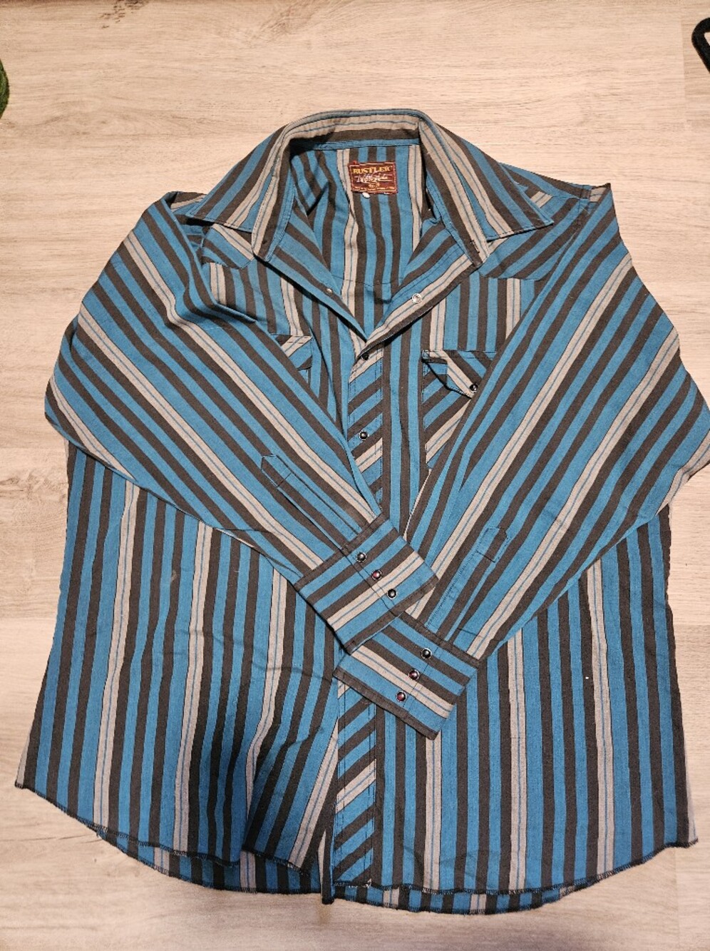 VINTAGE Rustler Western Shirt Men's XL Long Tails Teal Brown Striped Snap Pearl